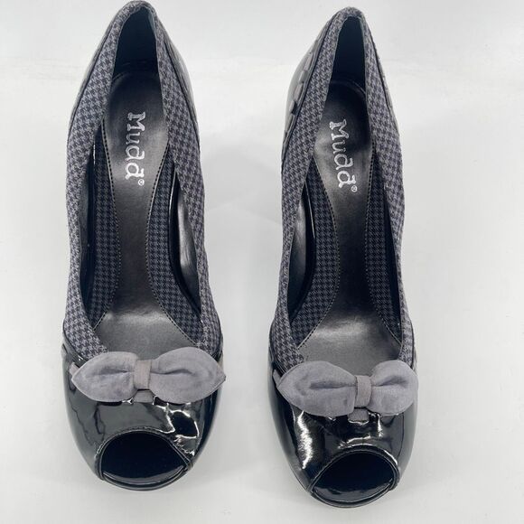 Black MUDD Chunky Heel Vintage Y2K Houndstooth Peep Toe Pumps Size 9 - Picture 3 of 14